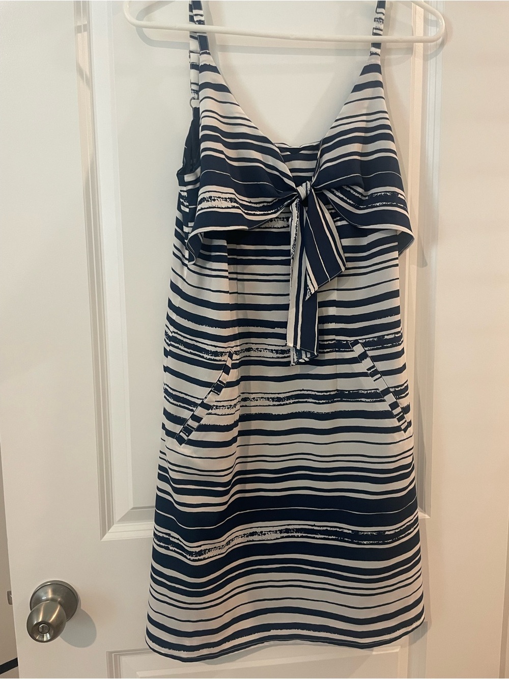 CAbi Striped Navy and White Tie-Front Sundress with pockets